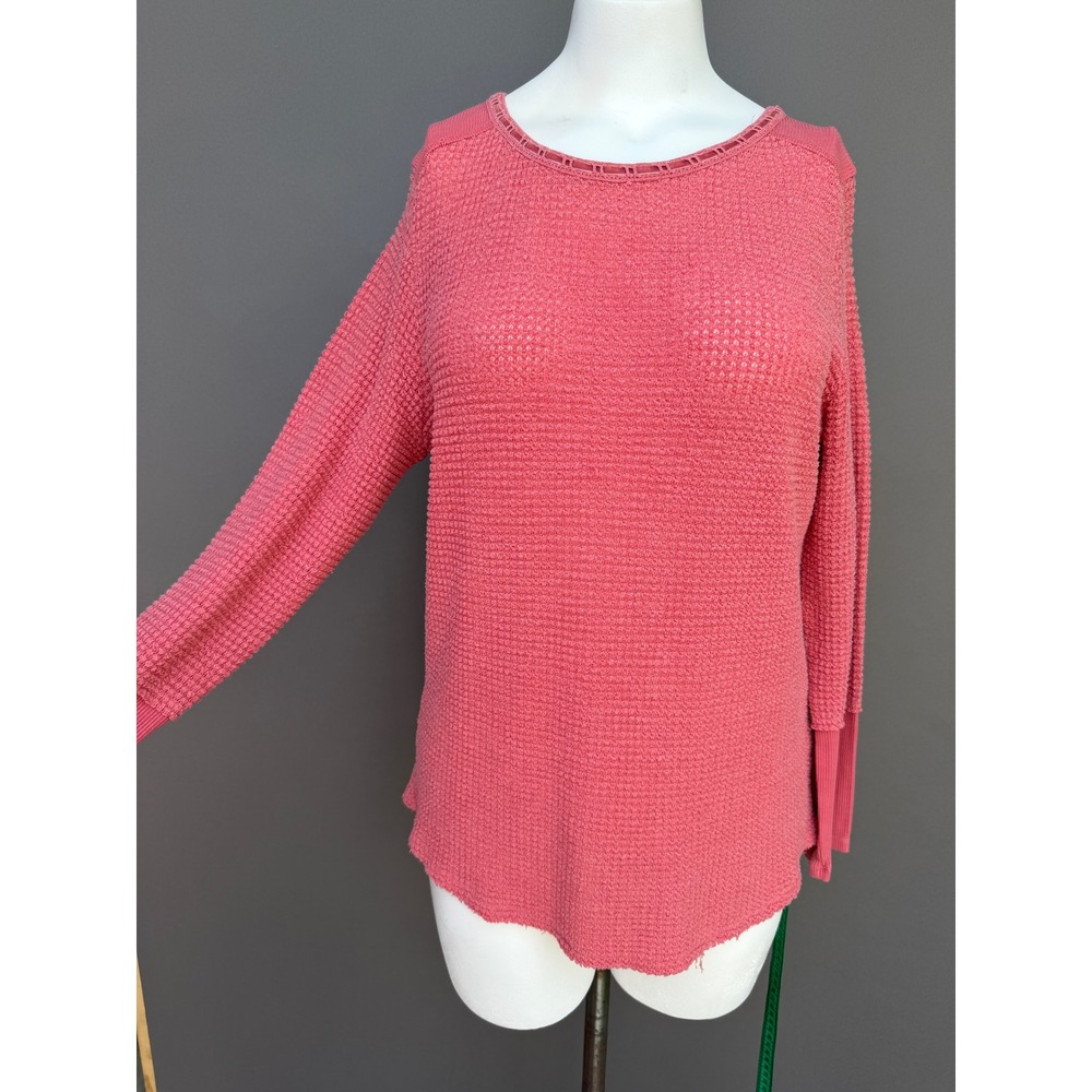 Sundance Waffle Knit Pullover Sweater Top Large Pink Bo Crochet Trim Long Sleeve